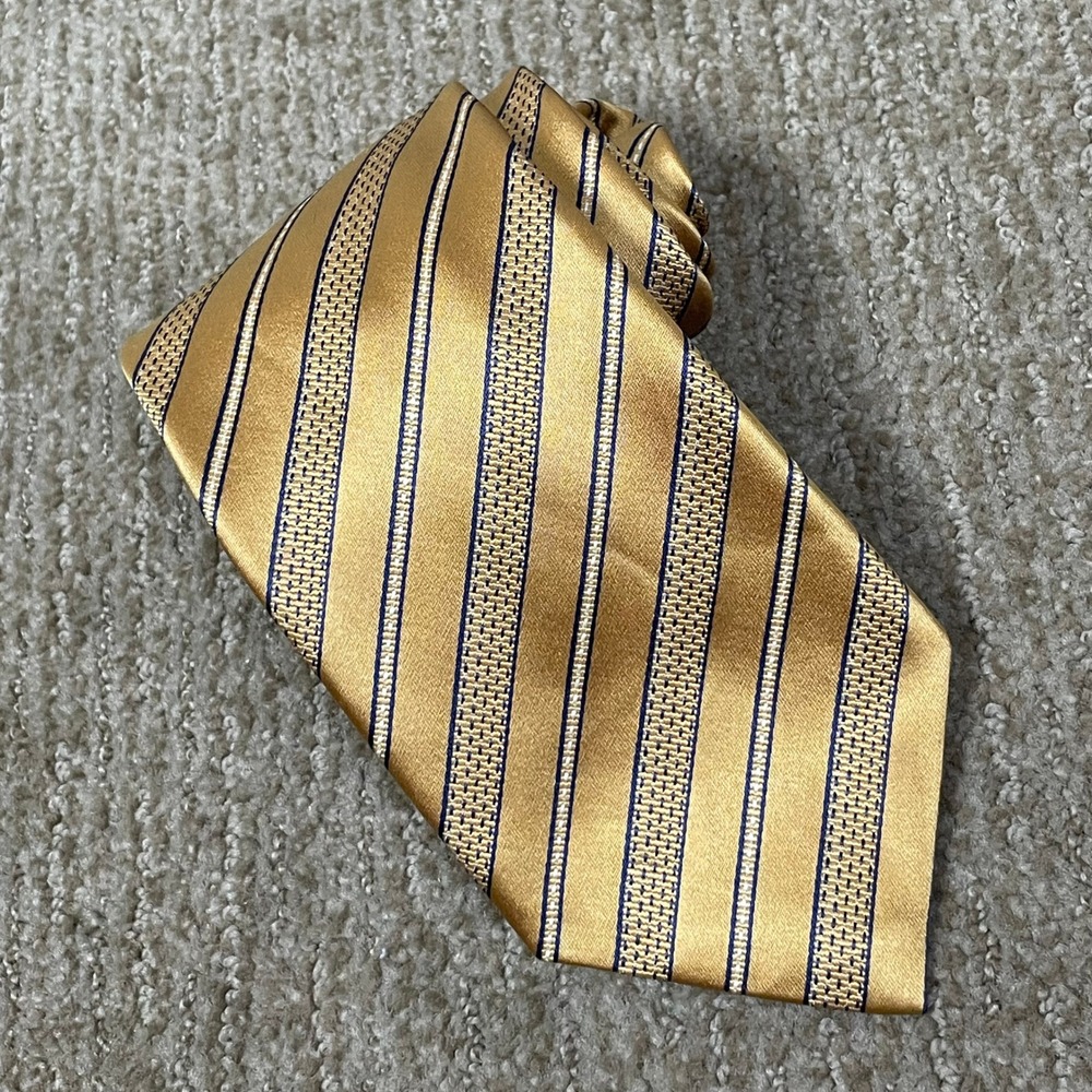 David Donahue Necktie Gold Navy Blue Striped Woven Cotton Blend Formal Wedding